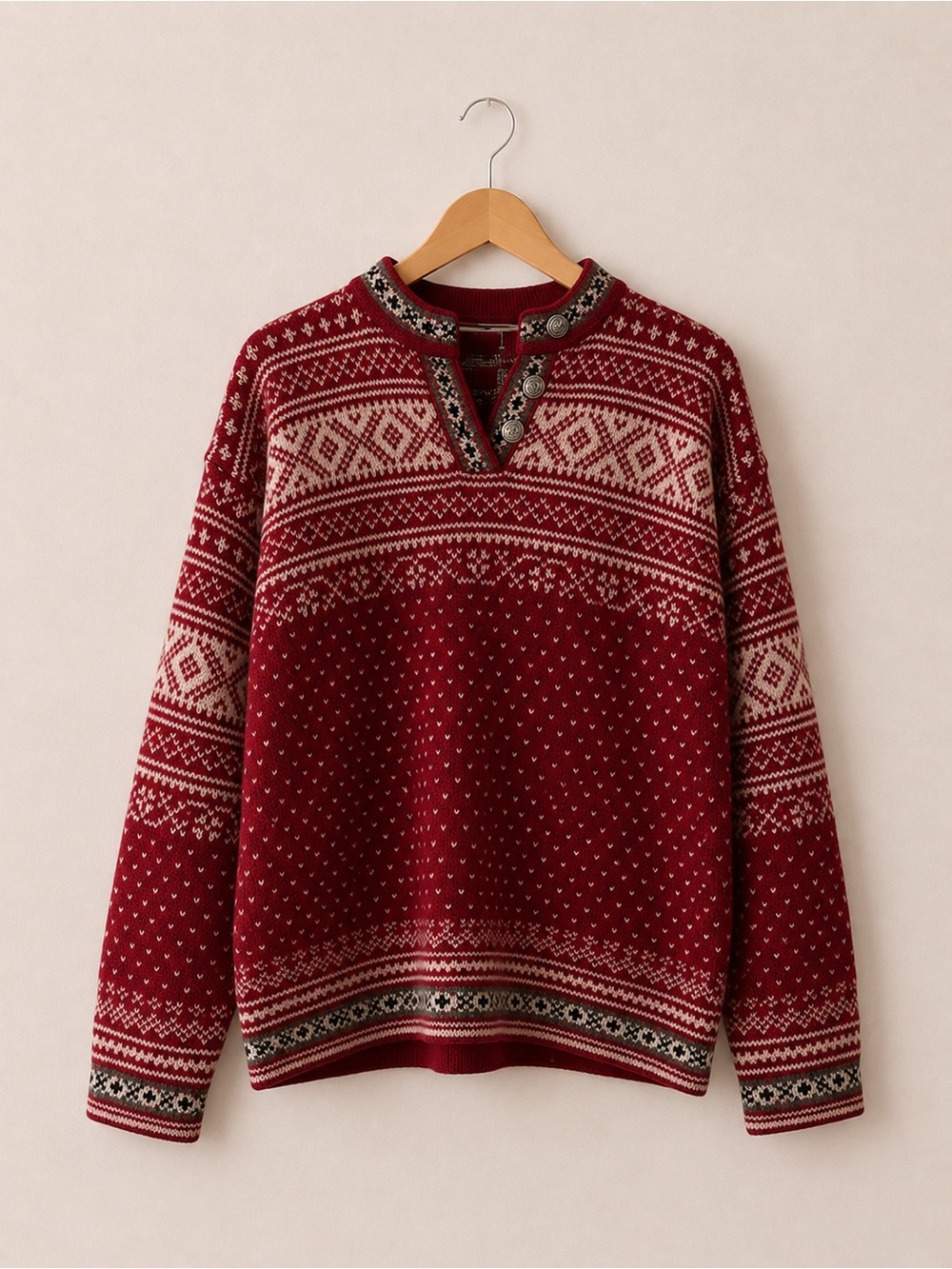 New! VTG L.L.Bean Icelandic Sweater Button Placket Red Black White Size M 90’s
